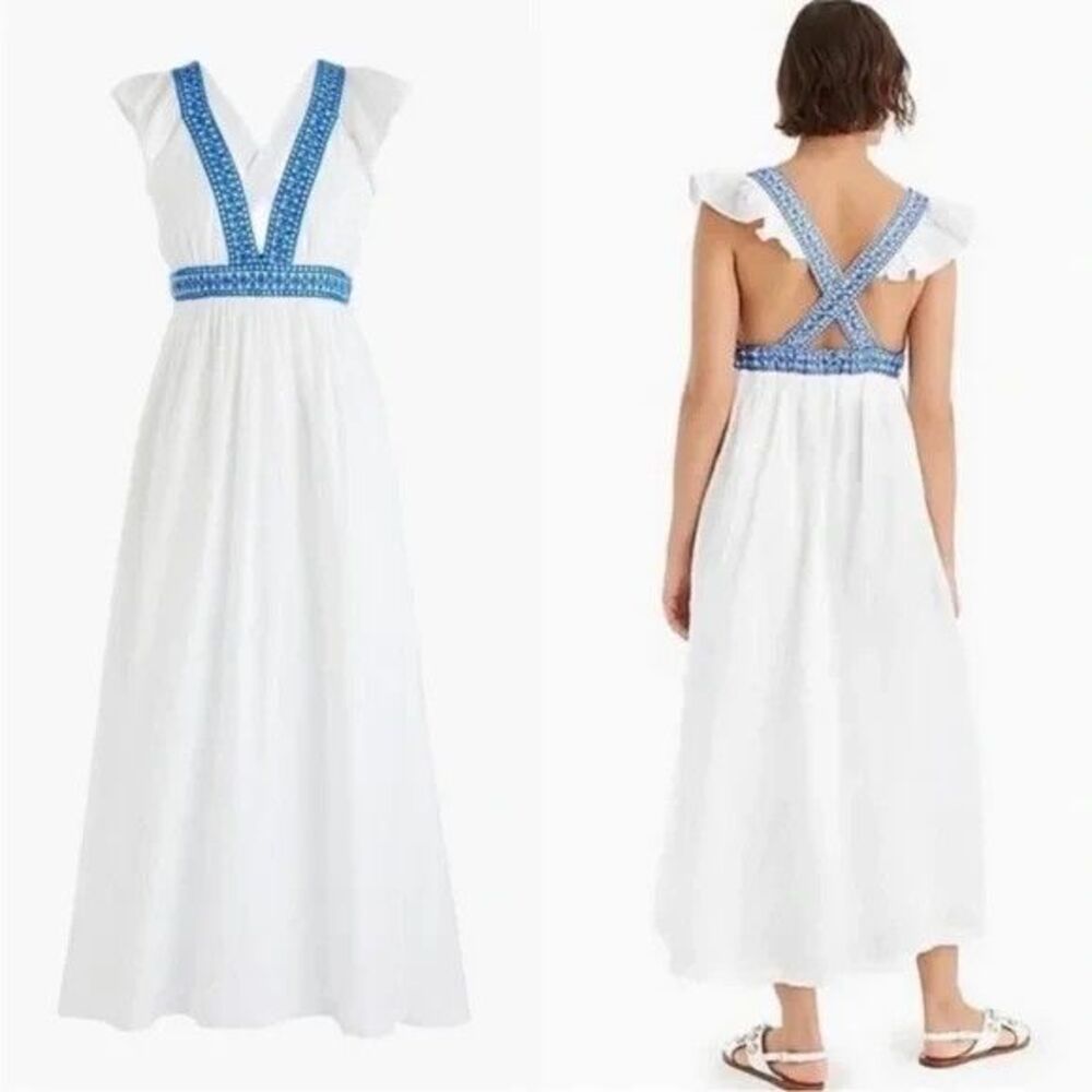 J. Crew Ruffle Deep V-Neck Beach Dress White Embroidered Linen Women XXL NWT